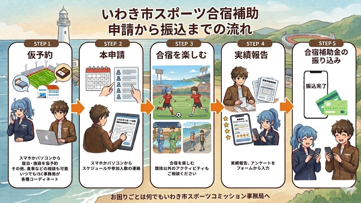 いわき市スポーツ合宿補助　申請から振込の流れ